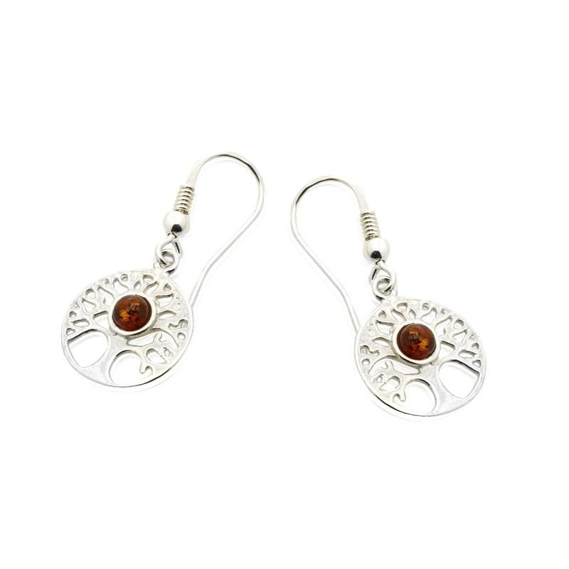 Orecchini albero della vita con ambra naturale cognac in argento 925 rodiato, per simbolo di crescita e connessione con — foto 1