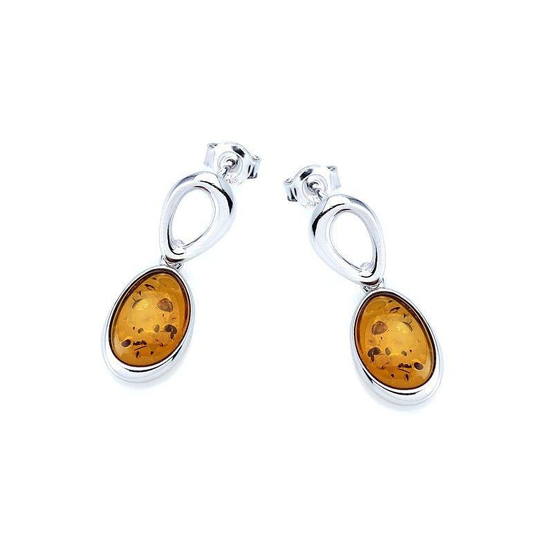 Orecchini pendenti con ambra cognac ovale in argento 925 rodiato, gioia quotidiana — foto 1