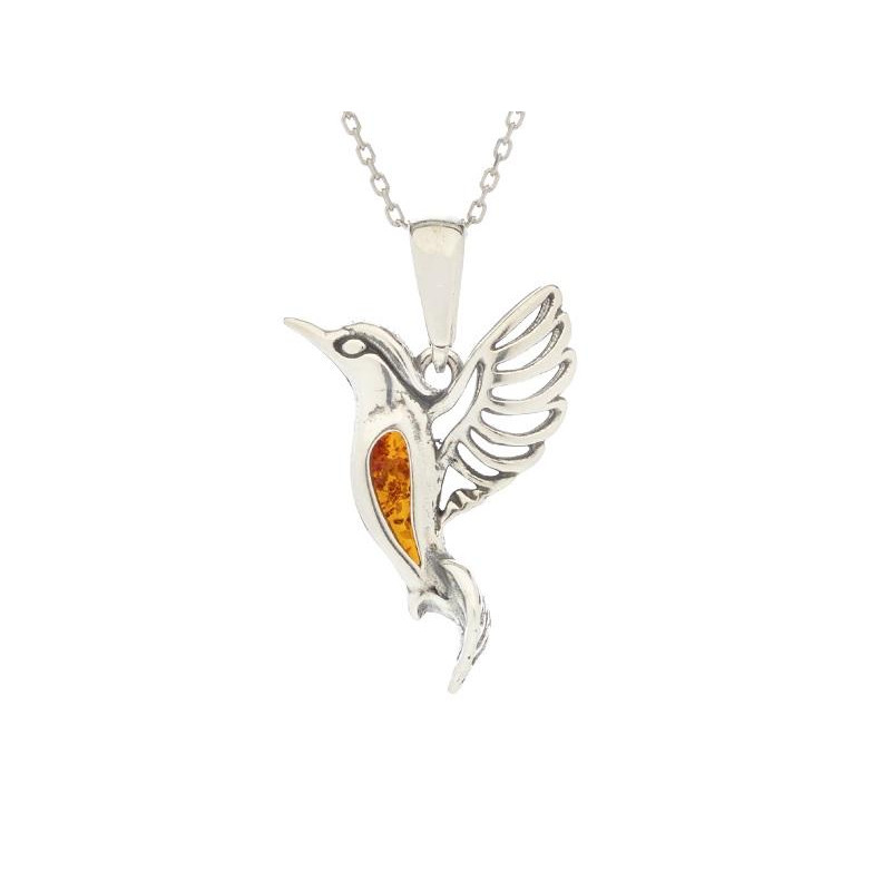 Ciondolo colibrì in argento rodiato con ambra cognac, per custodire la leggerezza — foto 1