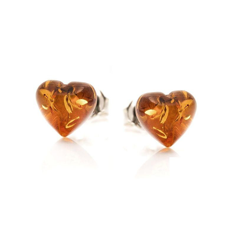 Orecchini a cuore in argento 925 con ambra naturale cognac, per custodire l'amore — foto 1
