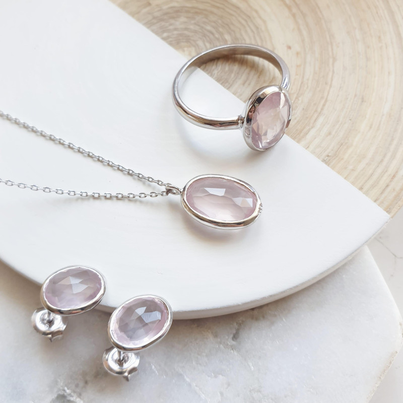 Orecchini in argento 925 rodiato con quarzo rosa naturale ovale, per custodire il tuo cuore — foto 3