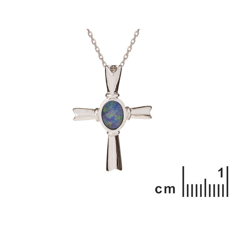 Ciondolo croce in argento rodiato con opale blu, per custodire la tua luce interiore — foto 2