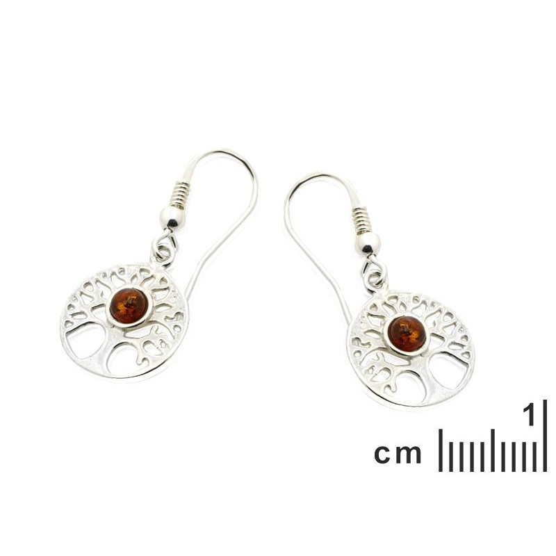 Orecchini albero della vita con ambra naturale cognac in argento 925 rodiato, per simbolo di crescita e connessione con — foto 2
