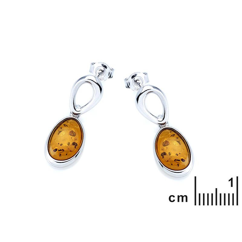 Orecchini pendenti con ambra cognac ovale in argento 925 rodiato, gioia quotidiana — foto 2