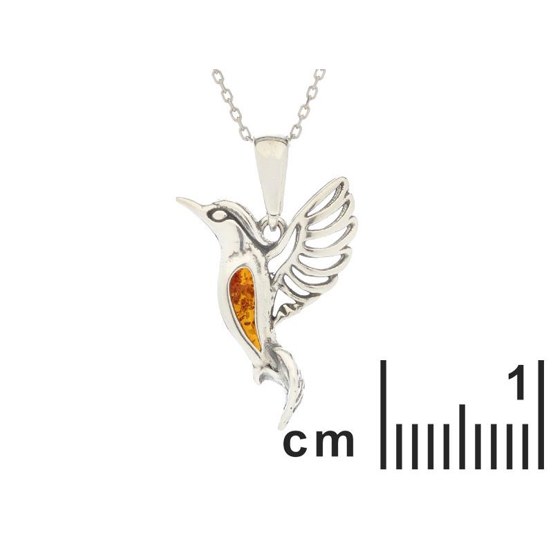 Ciondolo colibrì in argento rodiato con ambra cognac, per custodire la leggerezza — foto 2