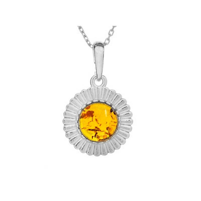 Ciondolo sole in argento rodiato con ambra cognac, per custodire la luce interiore — foto 1