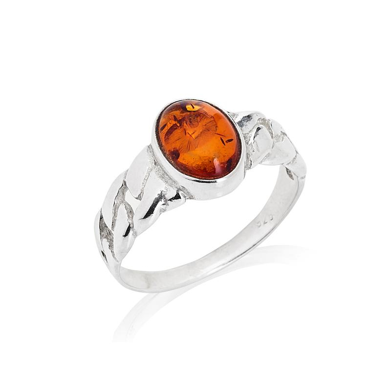 Anello sigillo con ambra naturale tonda di cognac in argento 925 placcato in rodio — foto 1