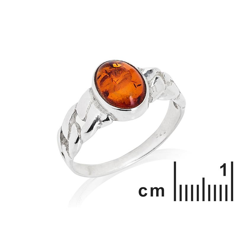 Anello sigillo con ambra naturale tonda di cognac in argento 925 placcato in rodio — foto 2