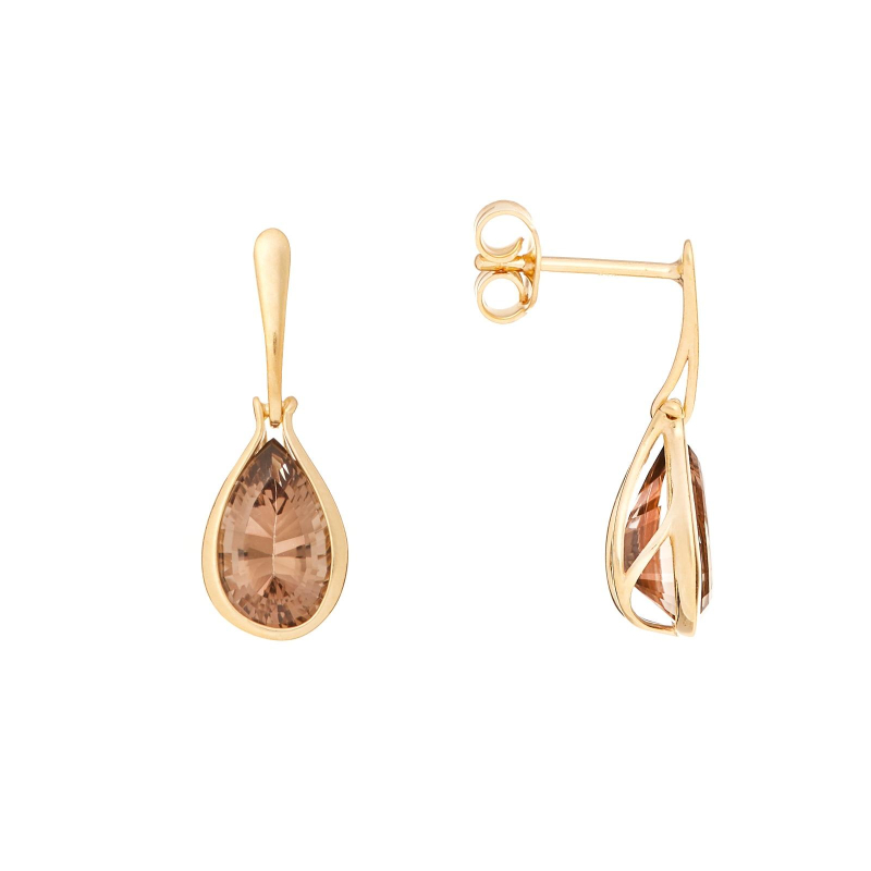 Orecchini pendenti in quarzo fumé marrone goccia naturale, in oro 375, 6x10 mm — foto 1