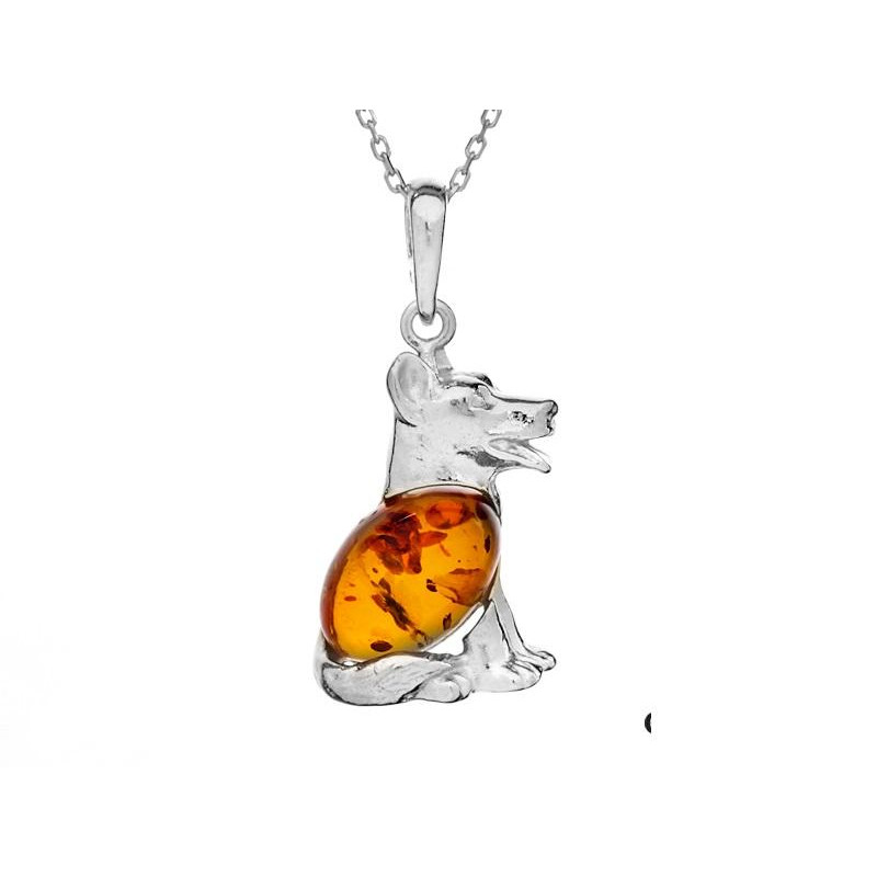Ciondolo cane in argento rodiato con ambra cognac, per custodire il legame — foto 1