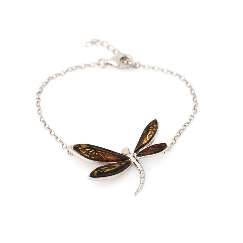 Bracciale libellula in argento rodiato con ambra multicolore, per celebrare leggerezza — foto 1