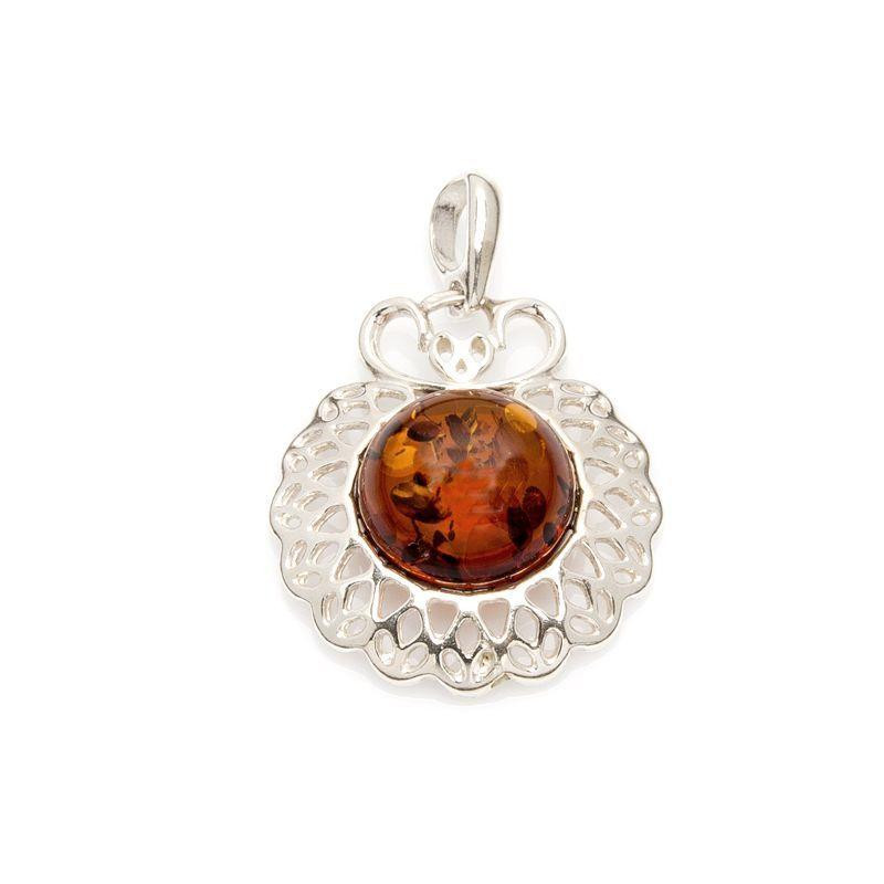 Ciondolo in argento rodiato con ambra tonda cognac, per custodire la tua luce interiore — foto 1