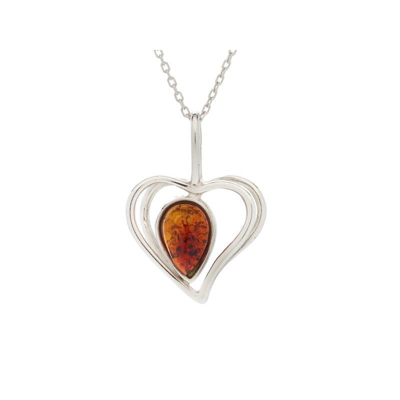 Ciondolo cuore in argento rodiato con ambra cognac, per custodire l’amore eterno — foto 1