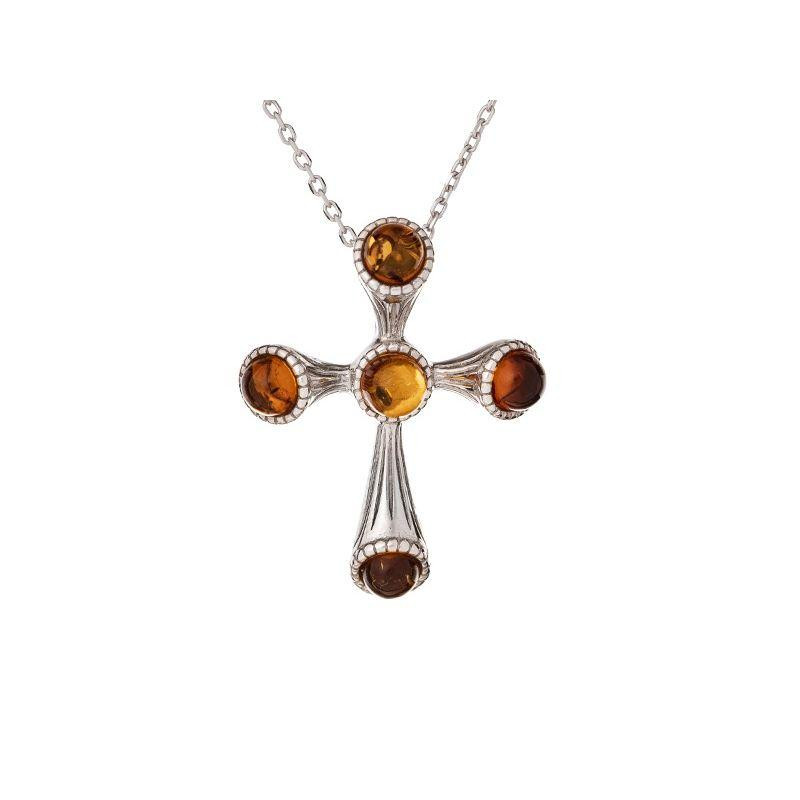 Ciondolo croce in argento 925 rodiato con ambra cognac, per custodire la tua luce — foto 1