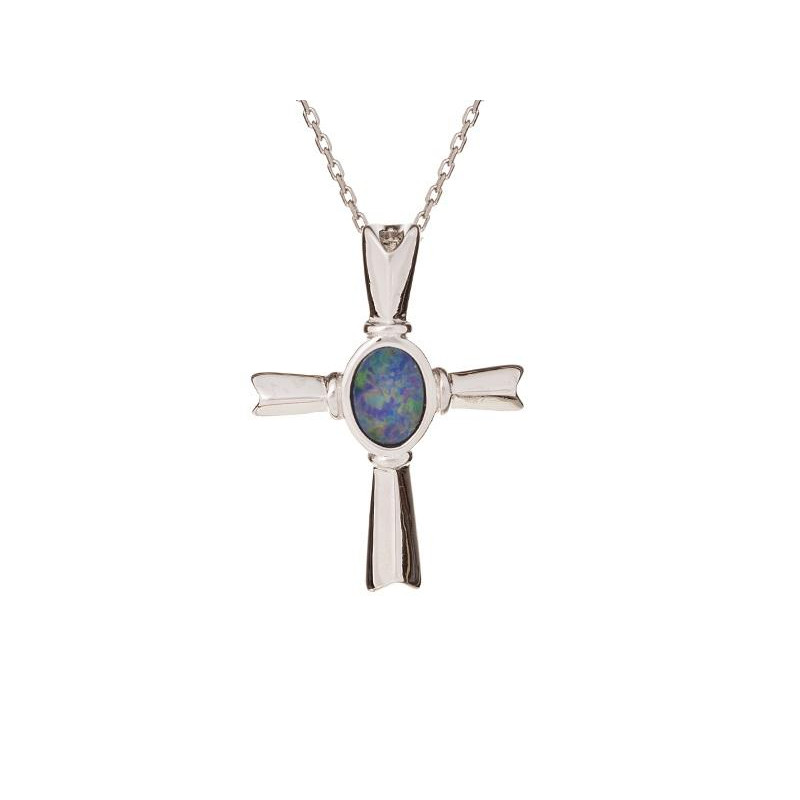 Ciondolo croce in argento rodiato con opale blu, per custodire la tua luce interiore — foto 1