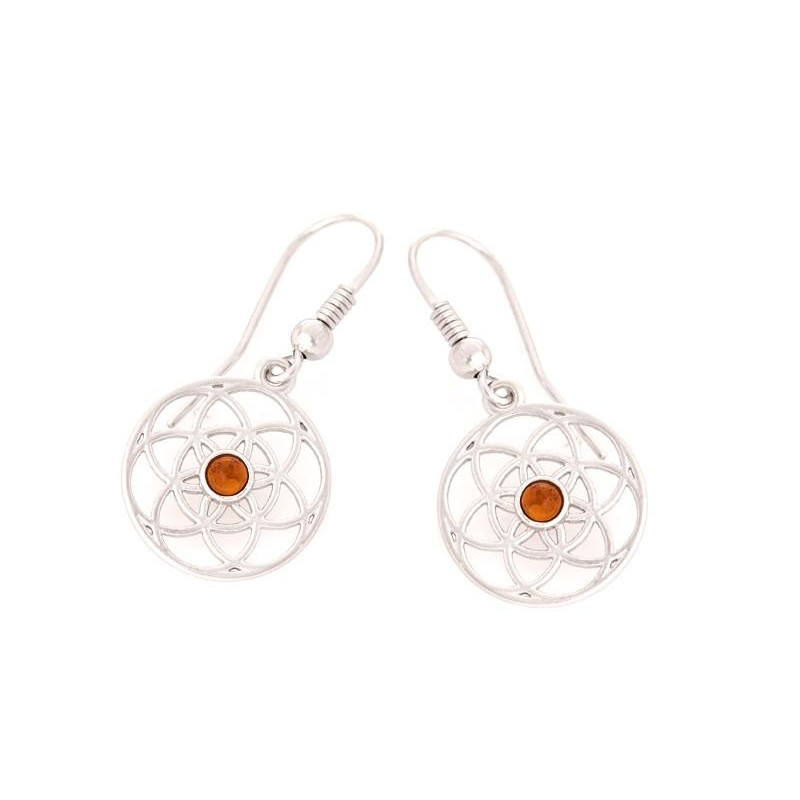 Orecchini Fiore della Vita in argento e ambra cognac, per illuminare la tua essenza — foto 1