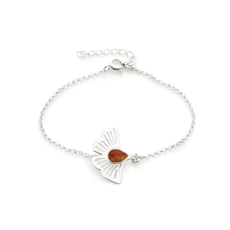 Bracciale in argento e ambra cognac con foglie di gingko, per custodire l'eternità — foto 1