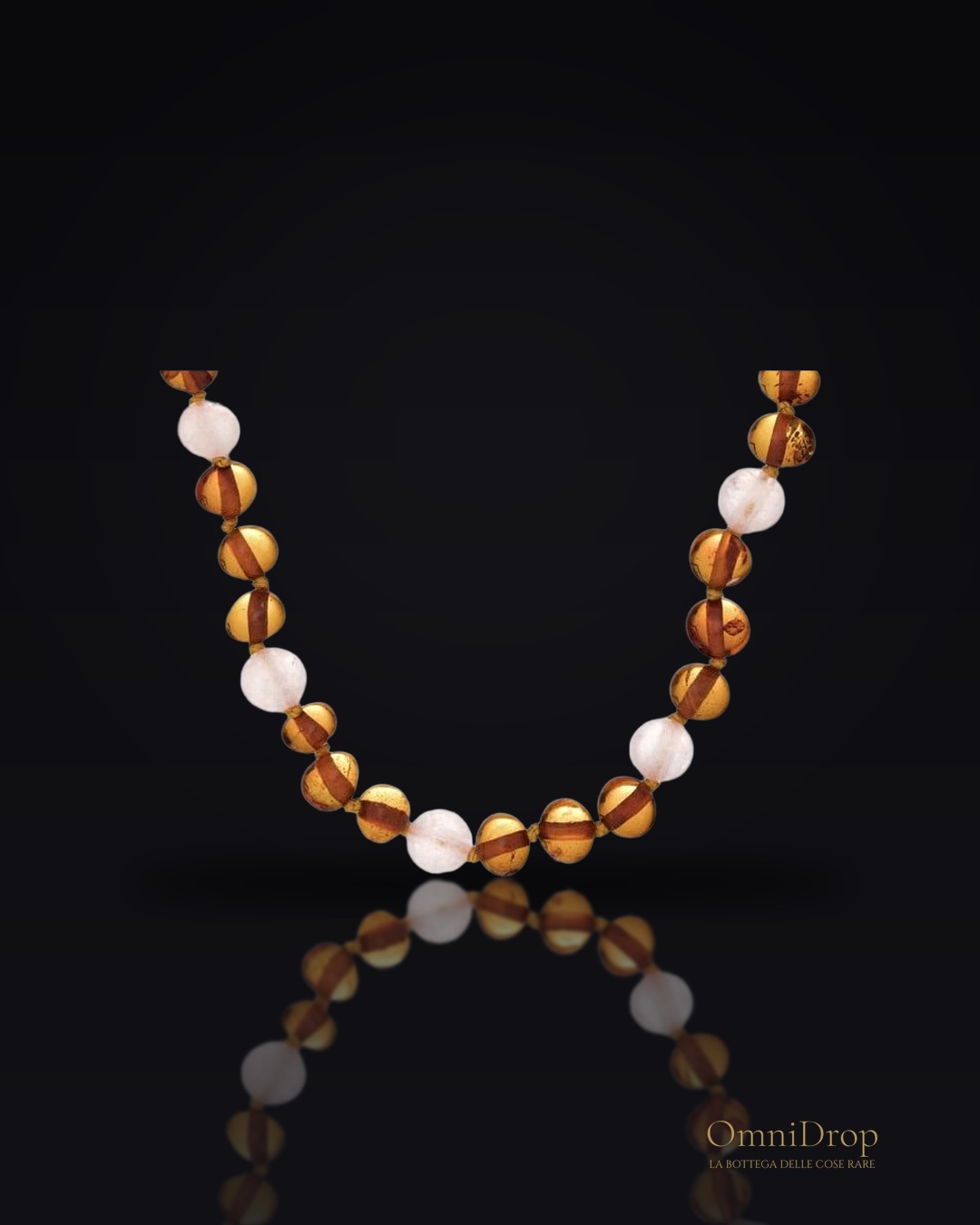 Collana per bambini in ambra e quarzo rosa, chiusura a clip, 32‑33 cm, per custodire dolci ricordi di crescita