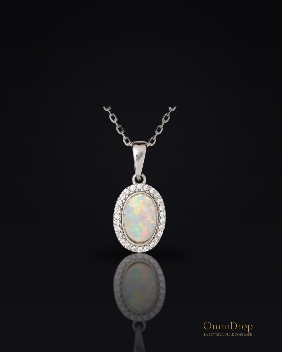 Ciondolo con opale e ossido di zirconio argento 925 rodiato altezza 105 cm, per ricordare il