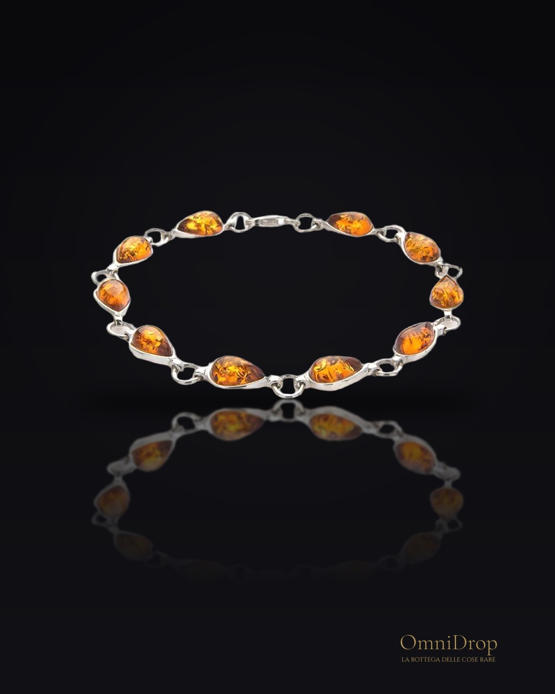 Bracciale con goccia di ambra, in argento 925 rodiato, lunghezza 18 cm, per adornare la tua eleganza