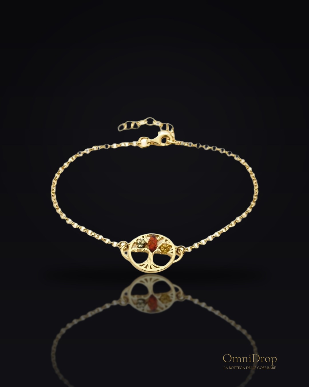 Bracciale con albero della vita in argento dorato 925, ambra multicolore, per portare con te la forza della vita.