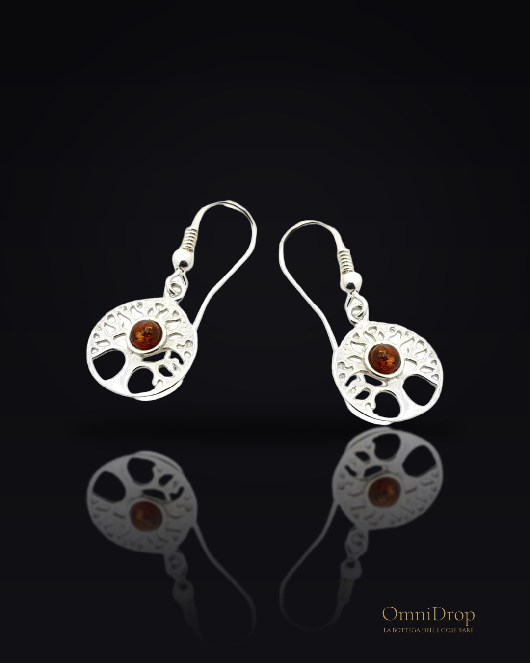 Orecchini albero della vita con ambra naturale cognac in argento 925 rodiato, per simbolo di crescita e connessione con