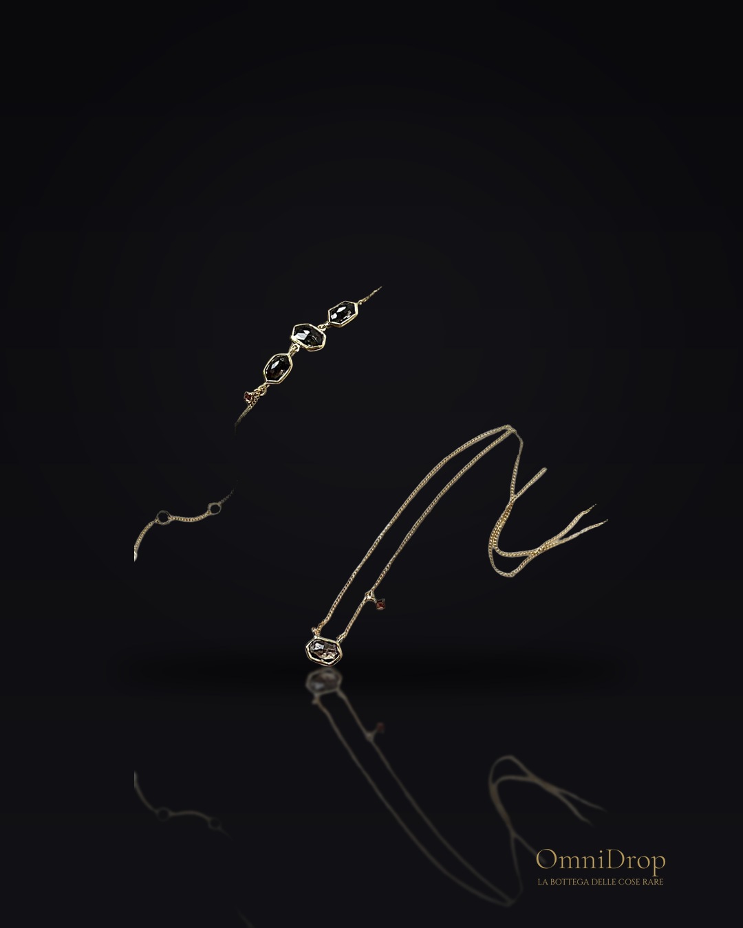 Bracciale con granato e quarzo fumé in argento dorato, lunghezza 18 cm, per ricordare la tua essenza profonda