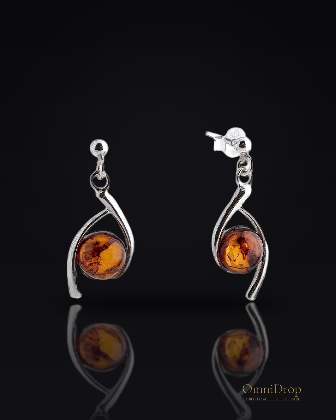 Orecchini in argento rodiato con ambra naturale cognac, per custodire la tua