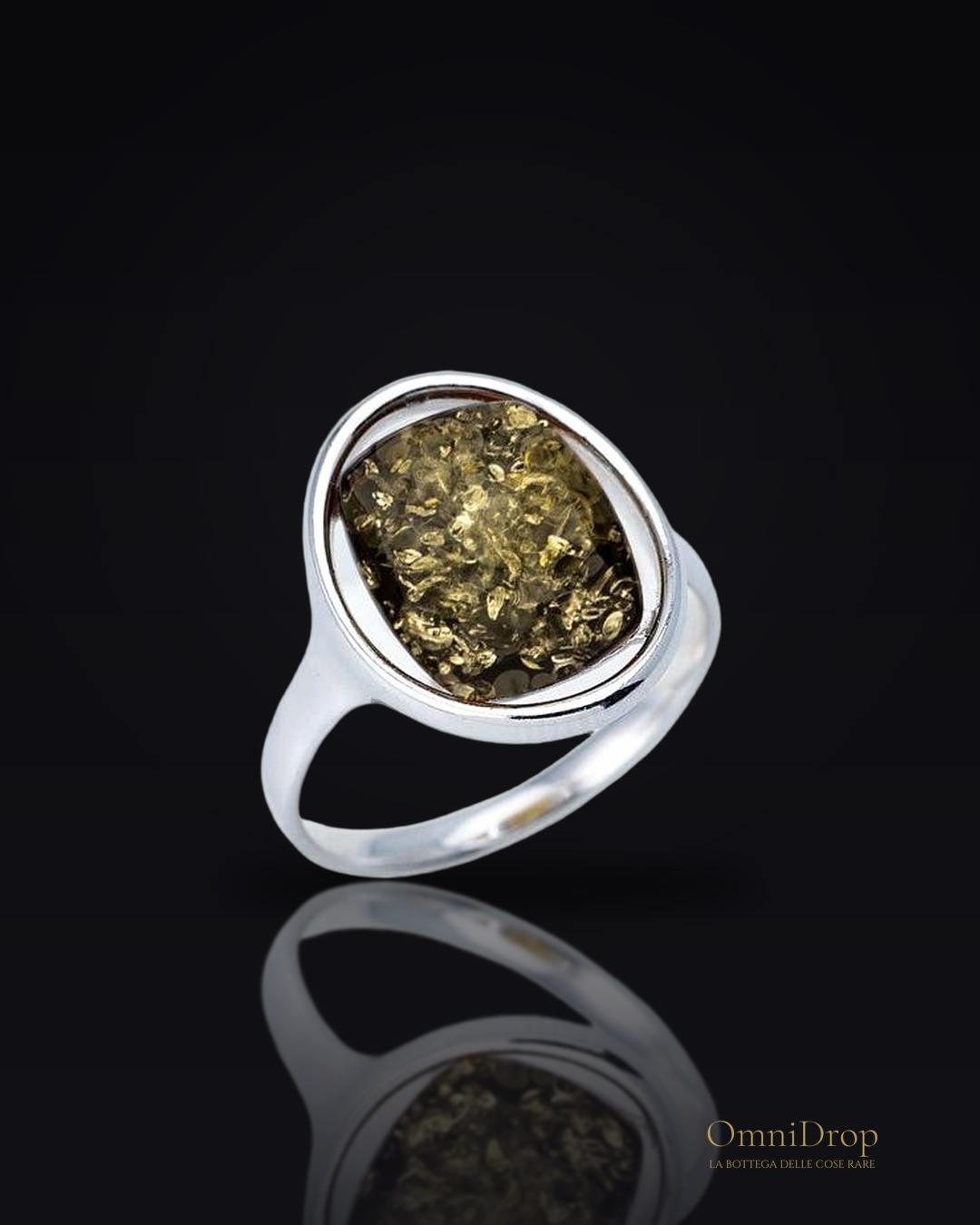 Anello grande pietra ovale ambra verde, per evocare i tuoi sogni