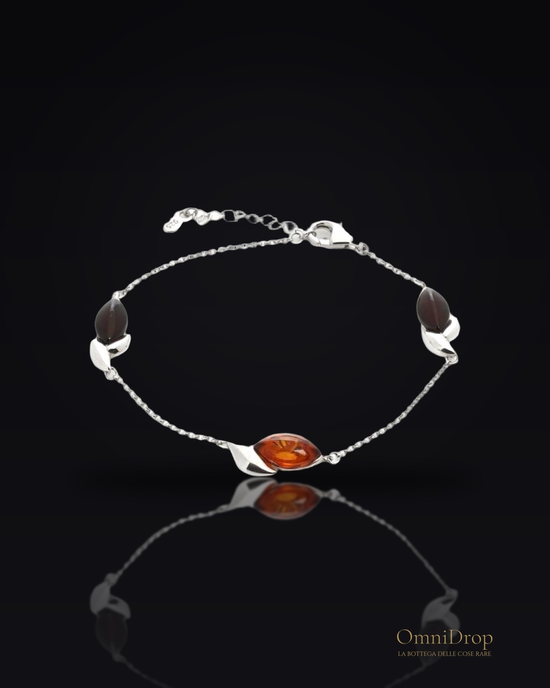 Bracciale in argento rodiato con ambra multicolore a navetta, per ricordare la tua luce