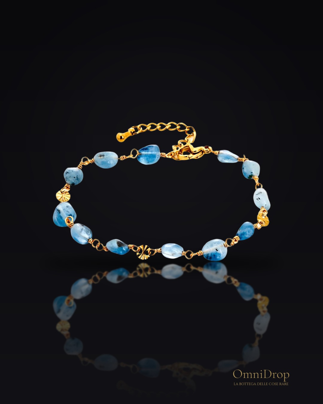 Bracciale di topazio blu su acciaio inossidabile dorato, per custodire la tua serenità
