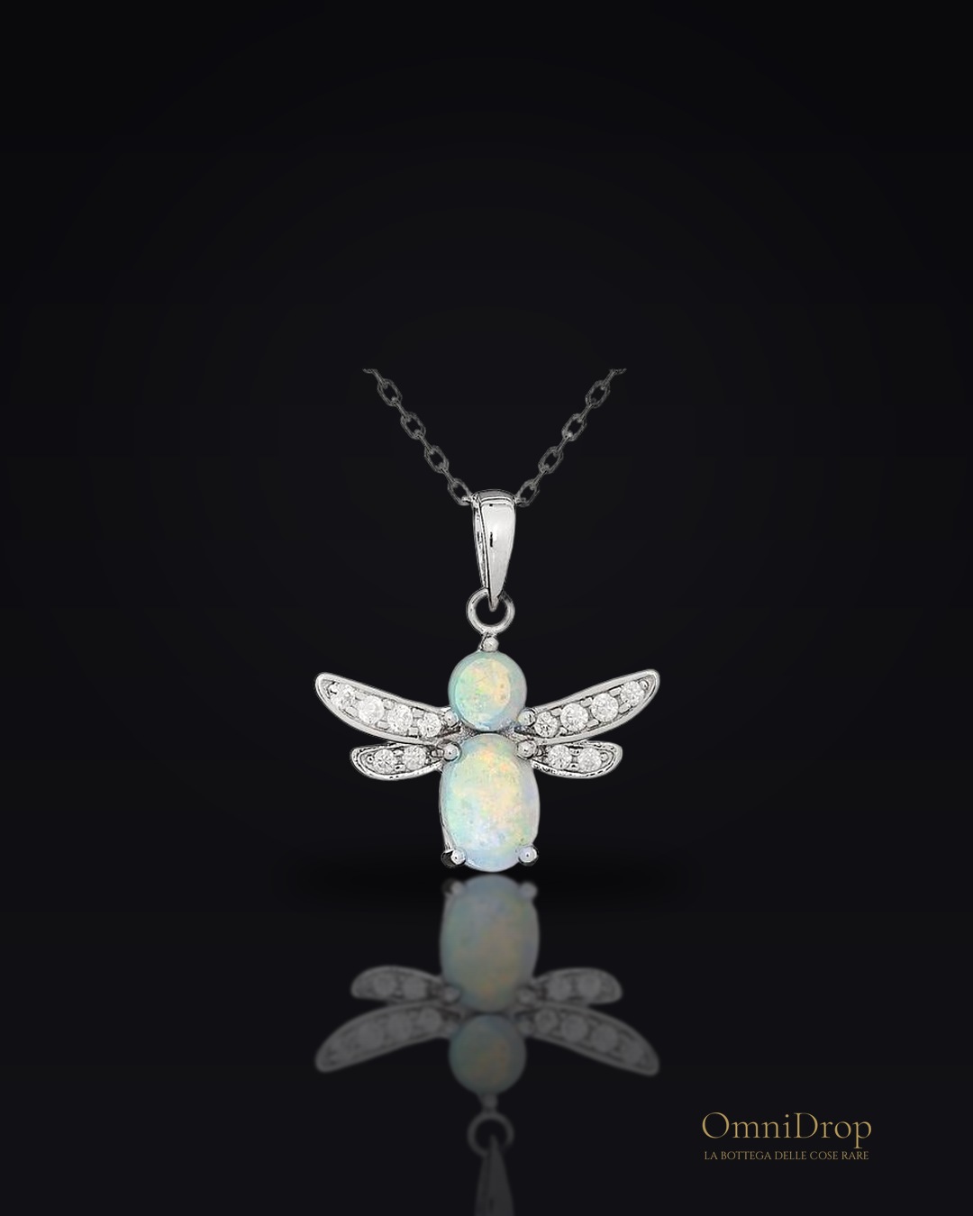 Ciondolo ape con opale naturale e zirconio in argento 925 rodiato