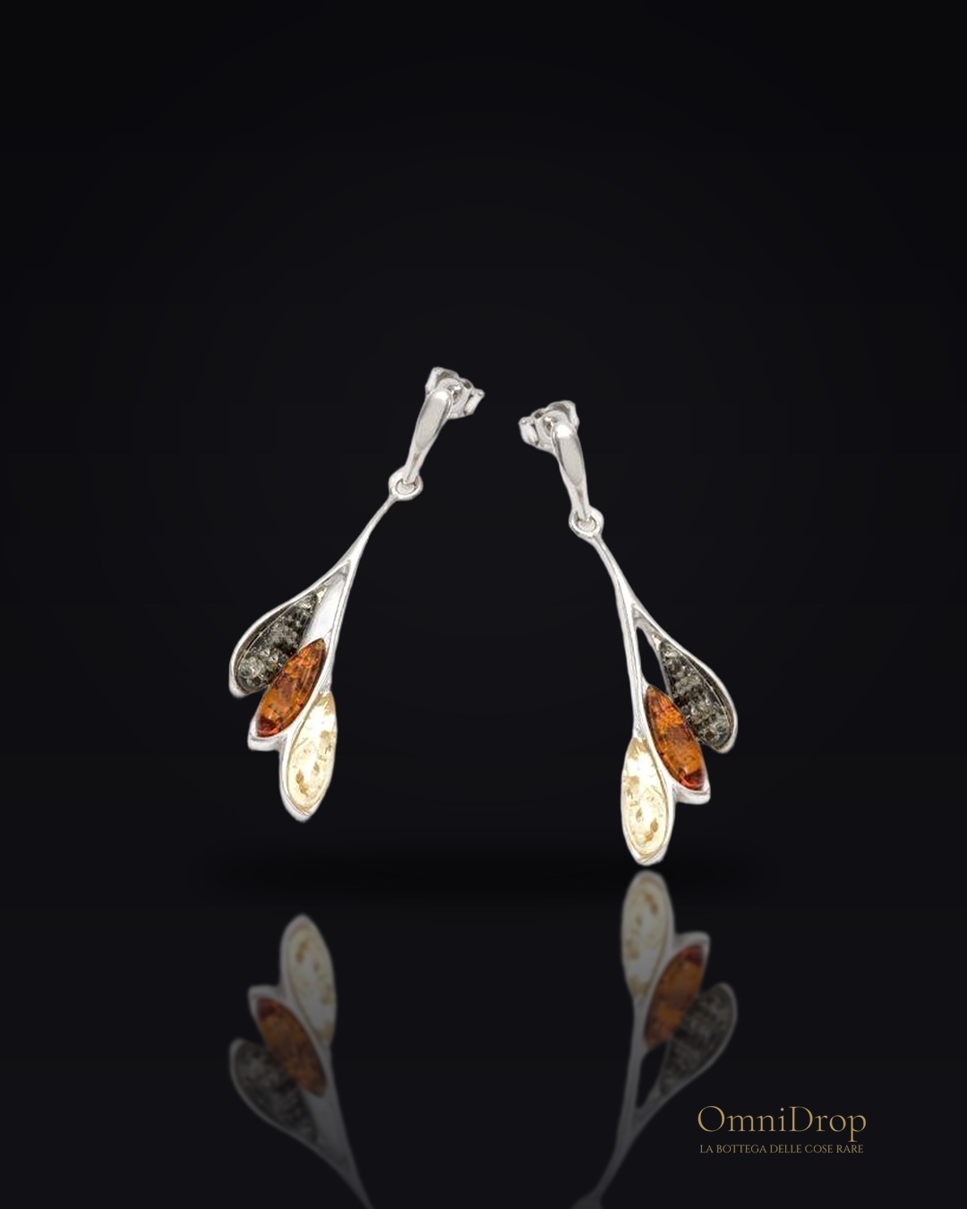 Orecchini pendenti in ambra baltica multicolore, argento rodiato 925, 1x4,5 cm