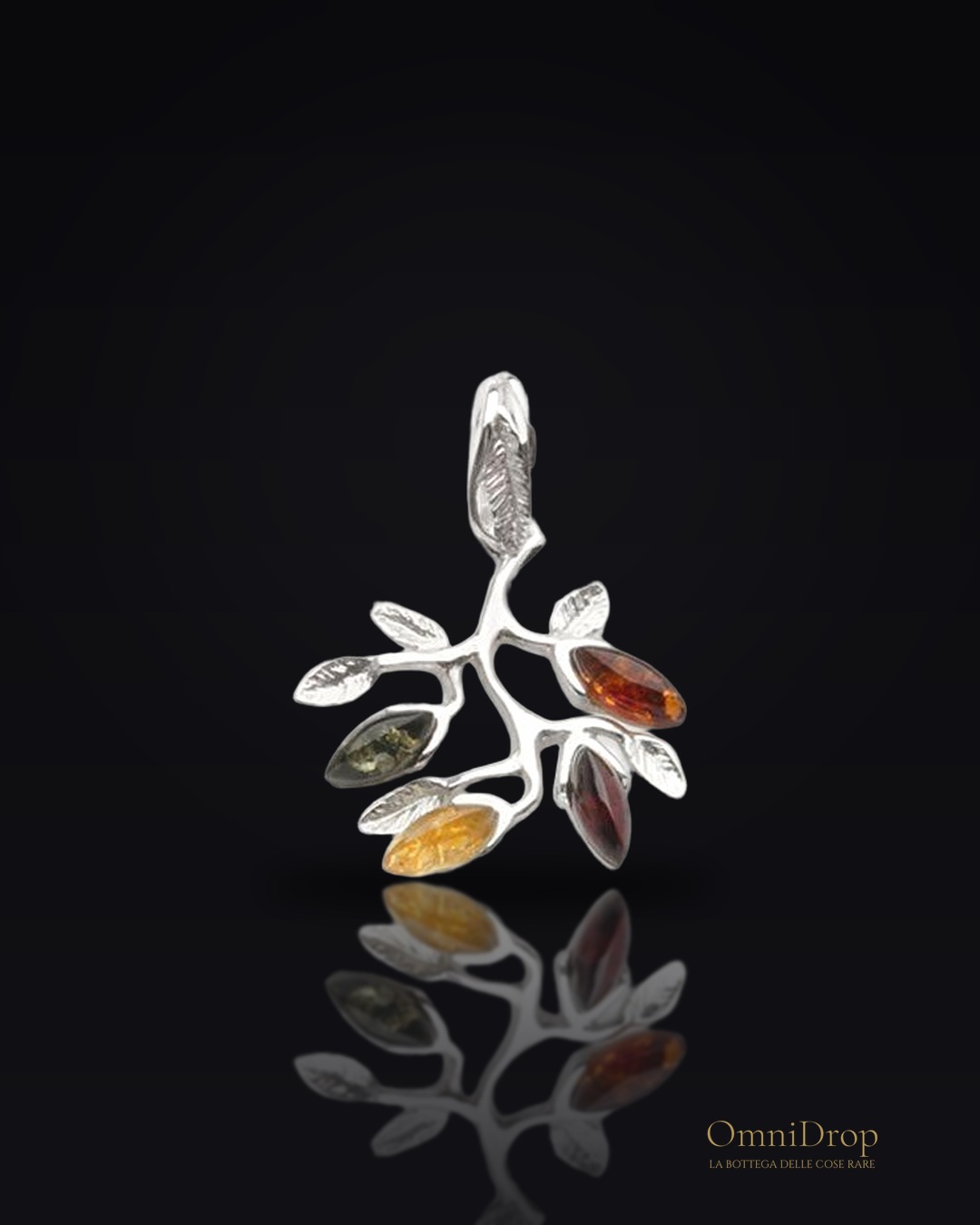 Ciondolo albero della vita in ambra multicolore, argento rodiato 925, 3x7 mm
