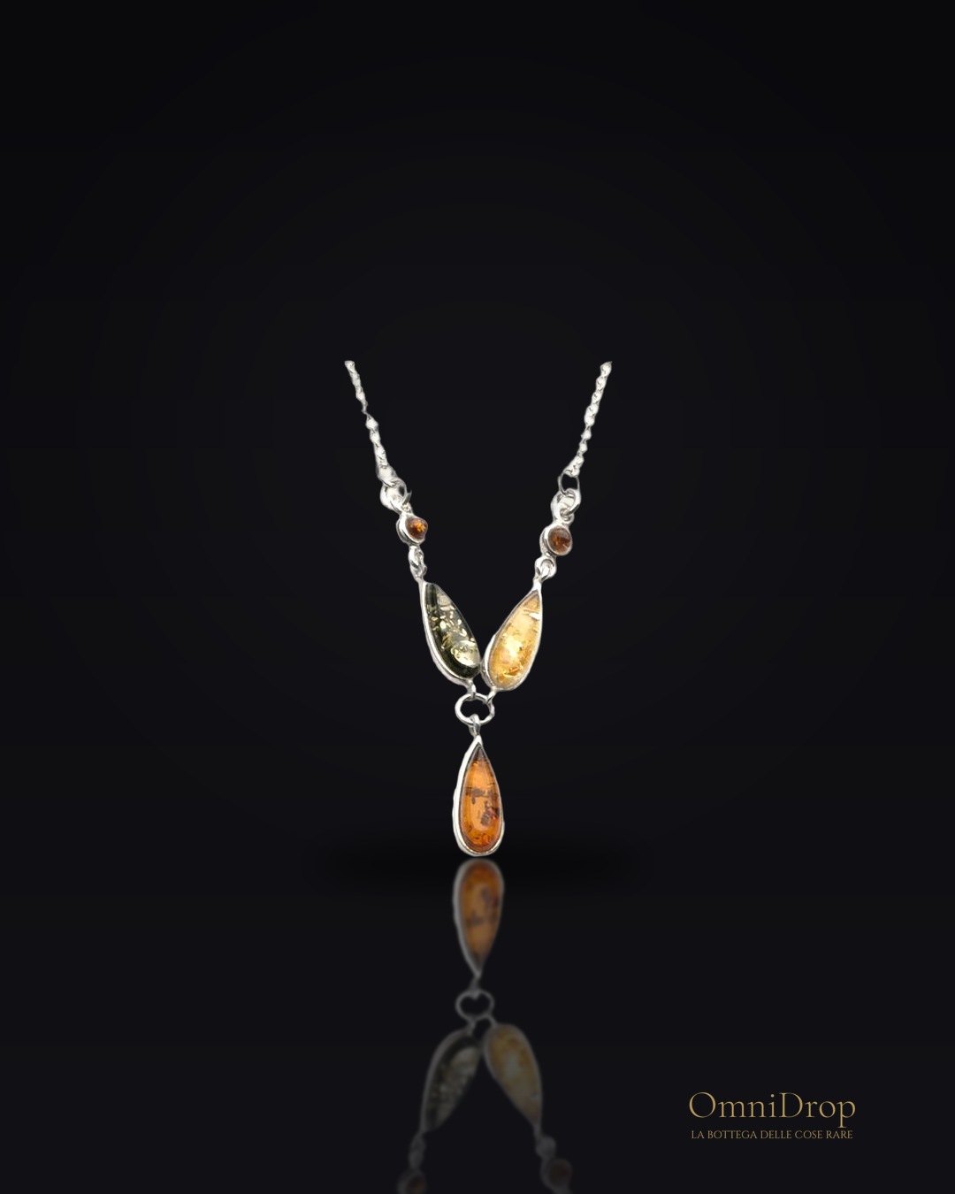 Collana in ambra baltica multicolore goccia, argento rodiato 925, 42+3 cm