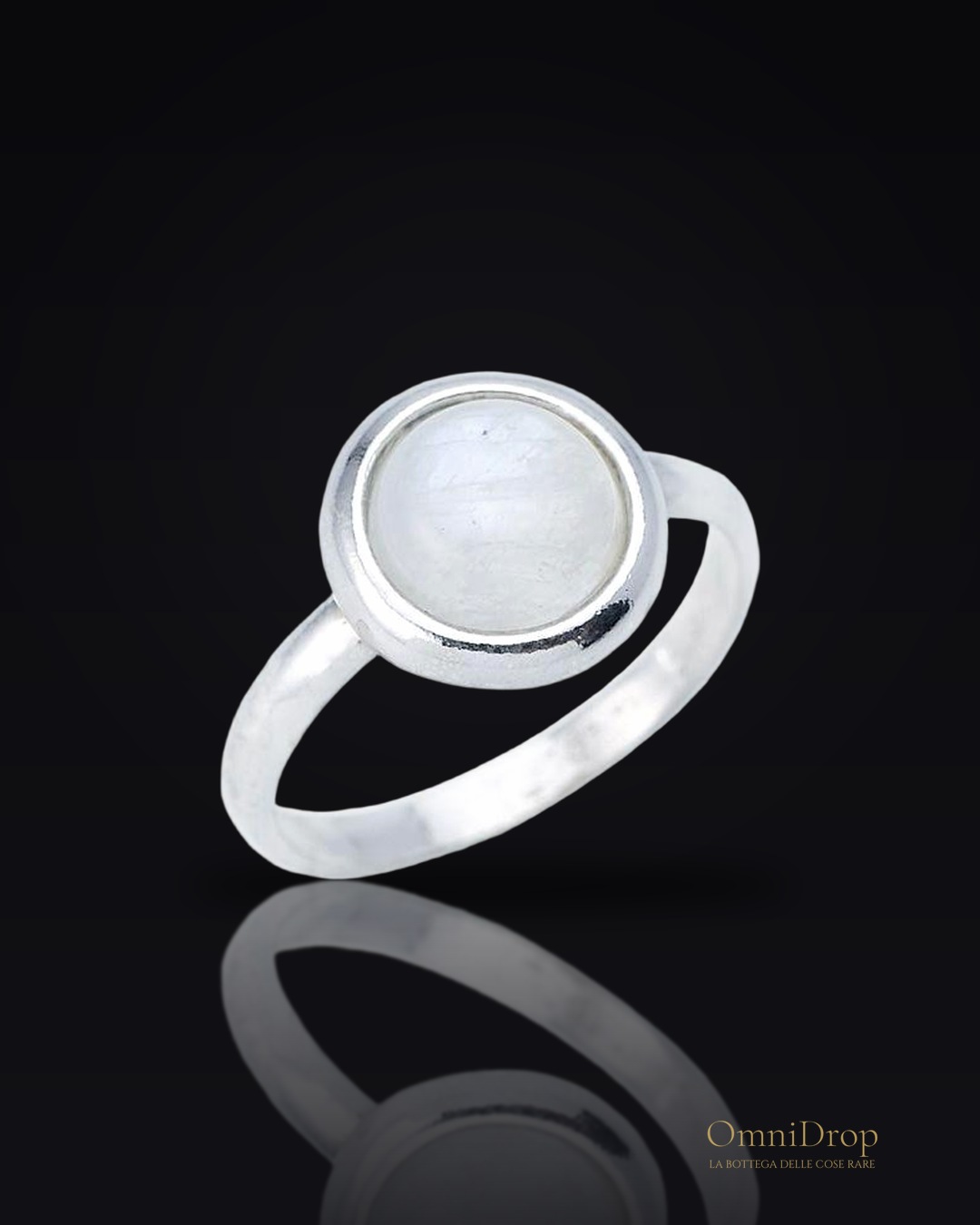 Anello in pietra di luna bianca tonda naturale, in argento rodiato 925, 8 mm