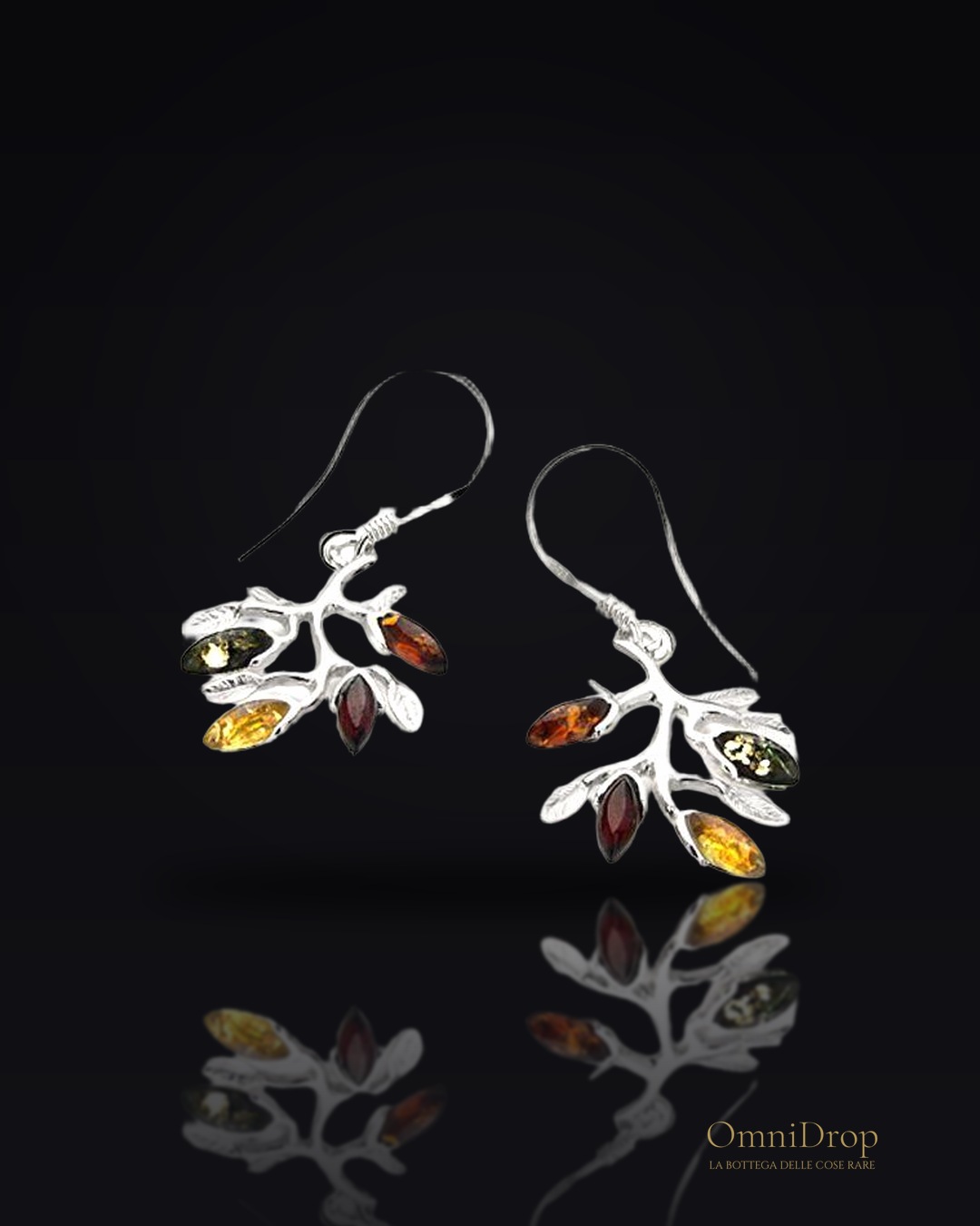 Orecchini pendenti albero della vita in ambra multicolore, argento rodiato 925