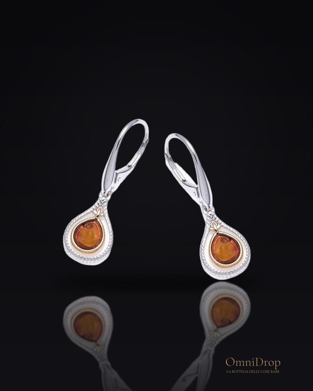 Orecchini pendenti goccia in ambra baltica cognac, argento rodiato 925, 1x1,5 cm