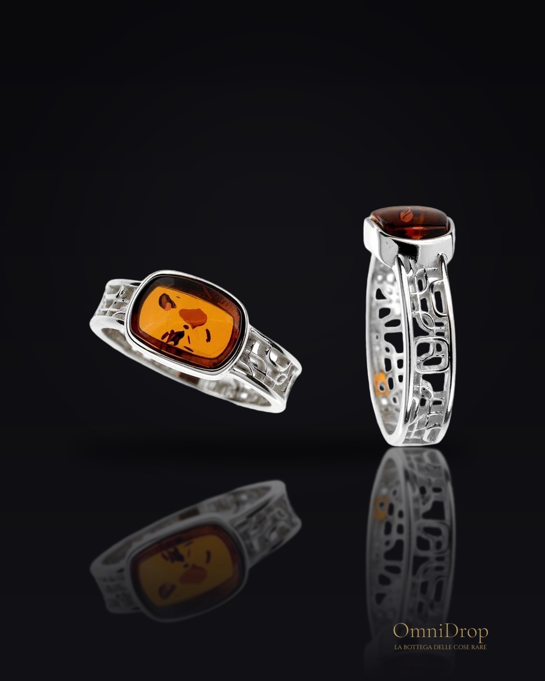Anello rettangolo in ambra cognac rettangolare, argento rodiato 925, 0,7x1 cm