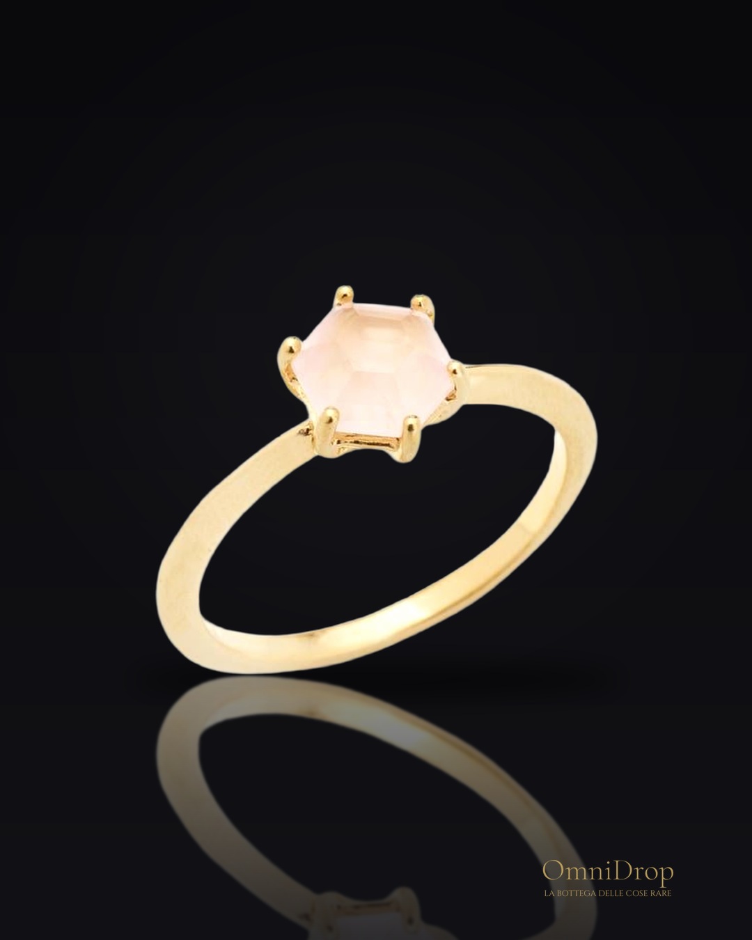 Anello in quarzo rosa esagono naturale, in argento dorato 925, 6 mm