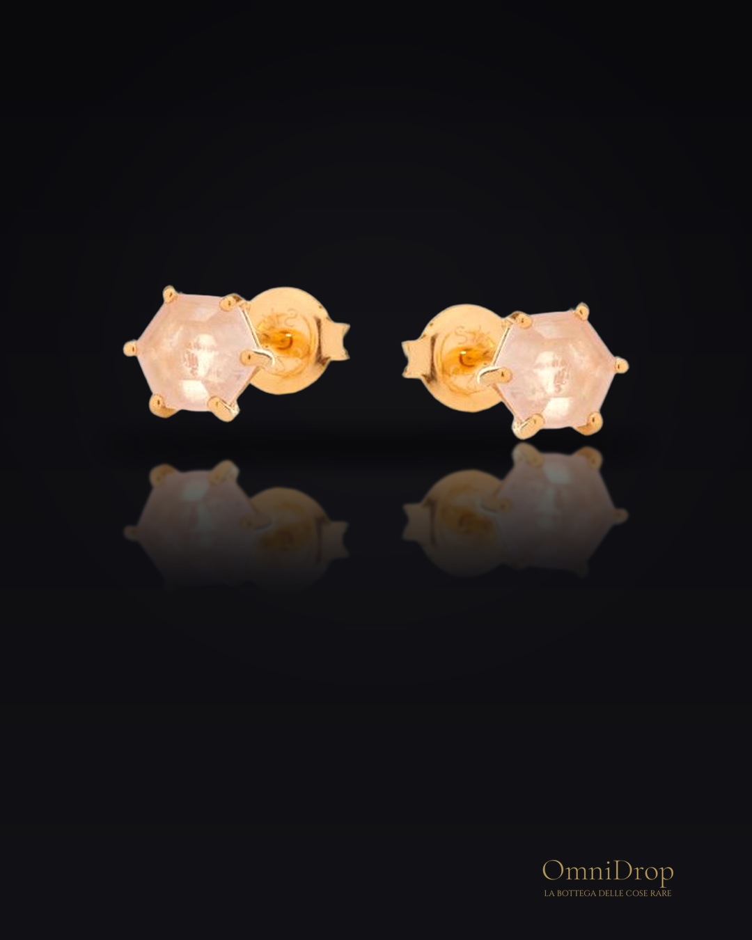 Orecchini a lobo in quarzo rosa esagono naturale, in argento dorato 925, 6 mm