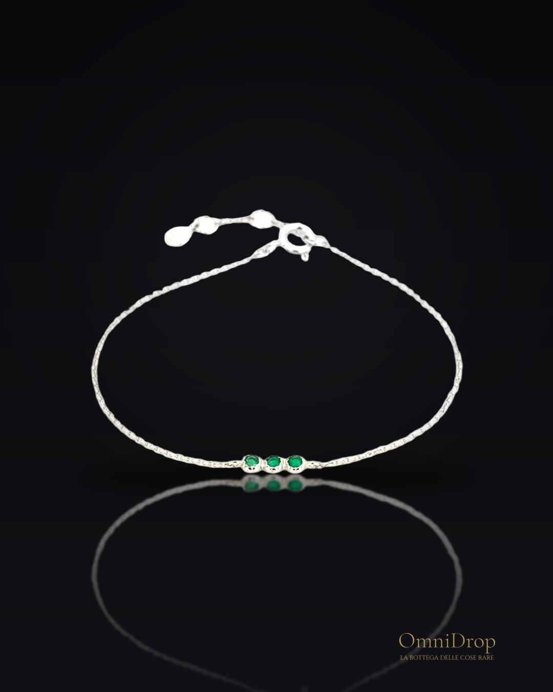 Bracciale in onice verde tonda naturale, in argento rodiato 925, 16 + 3 cm