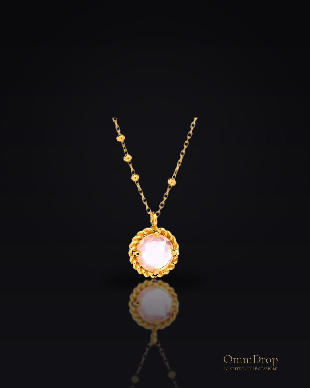 Collana cerchio in quarzo rosa verde tondo, argento dorato 925, 40 + 3 cm
