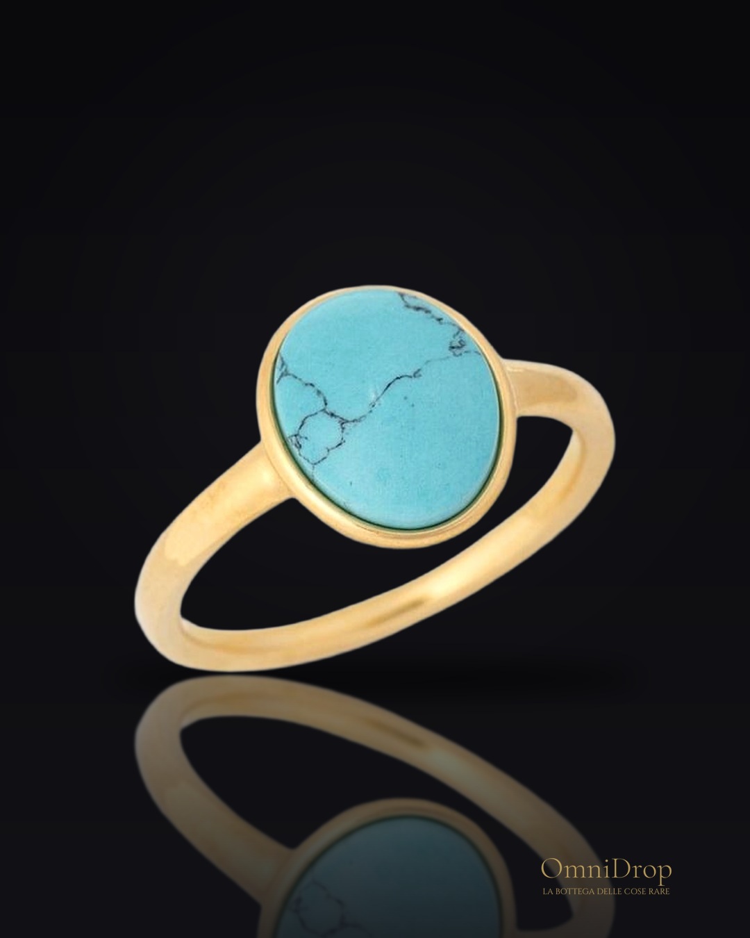 Anello in turchese blu ovale naturale ricostituito, in argento dorato 925
