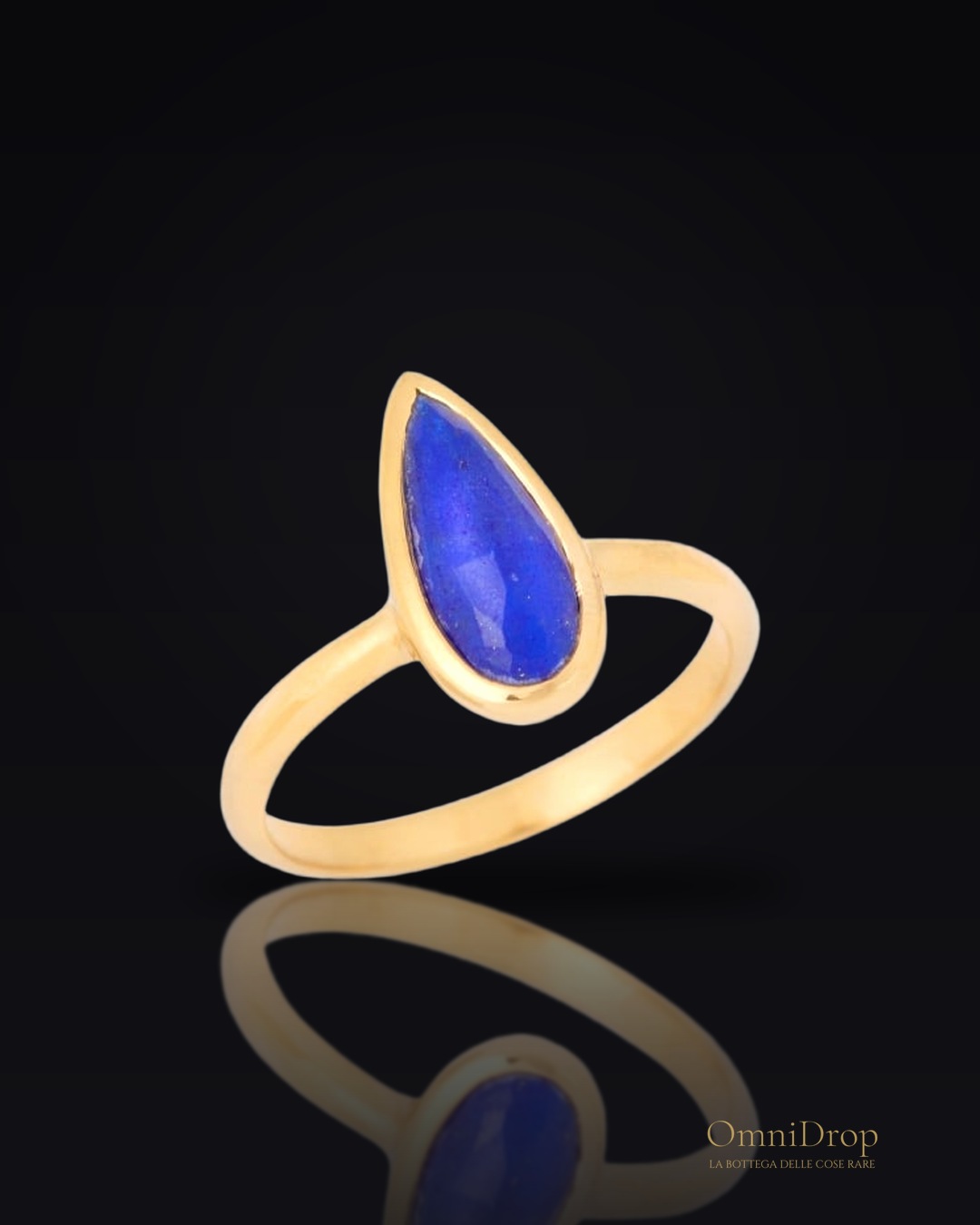 Anello in lapislazzuli afghano blu goccia naturale, argento dorato 925, 5x12 mm