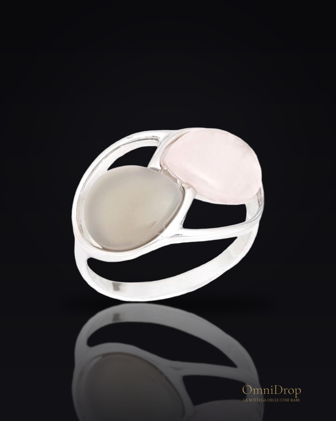 Anello in quarzo rosa goccia naturale e agata, in argento rodiato 925, 2x1,5 cm