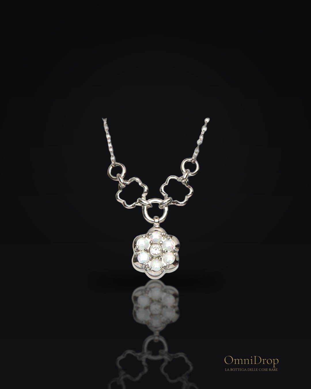Collana fiore in opale australiano bianco tondo, argento rodiato 925, 41+4 cm