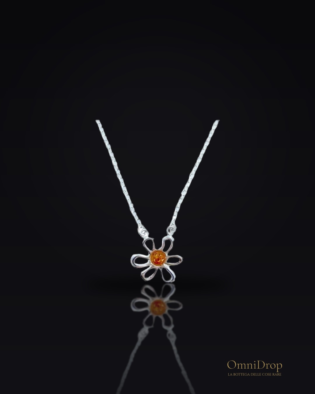 Collana fiore in ambra baltica cognac tonda naturale, in argento 925, 41+4 cm