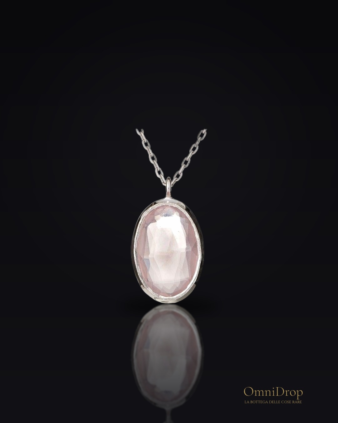 Collana in quarzo rosa ovale naturale, in argento rodiato 925, 42+3 cm