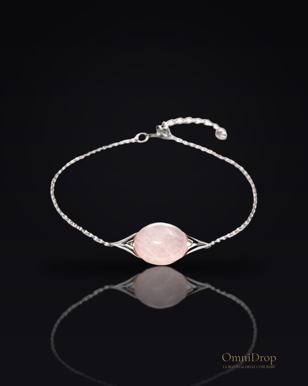 Bracciale in quarzo rosa ovale naturale, in argento rodiato 925